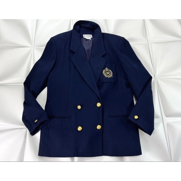 Joan Leslie Womens Sz 12 Navy Blue Gold Crest WOOL Double Breasted Blazer Jacket - Picture 3 of 10